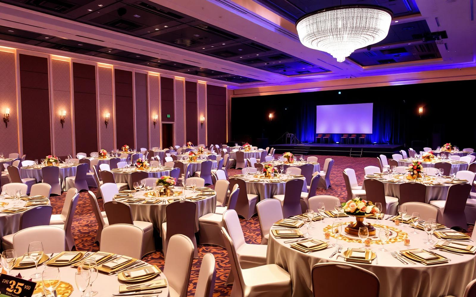 Elegant corporate gala hall set with round tables, stage and warm lighting